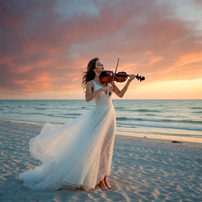 Woman playing violin on beach