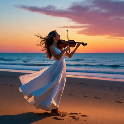 Woman playing violin on beach sunset