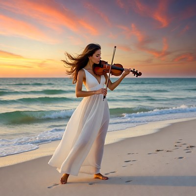 Woman playing violin on beach