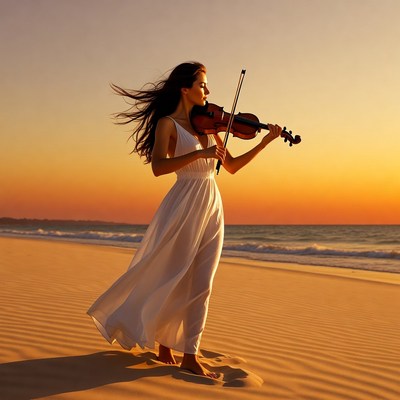 Woman playing violin on beach