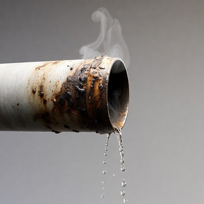 Rusty Pipe Emitting Steam and Dripping Water