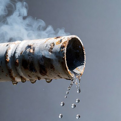 Rusty Pipe Dripping Water and Steam