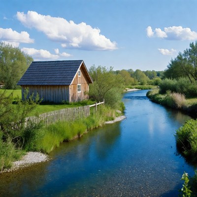 Wooden Cabin by River