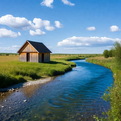 Wooden Cabin by River
