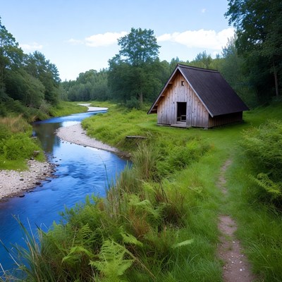 Wooden Cabin by River Trail