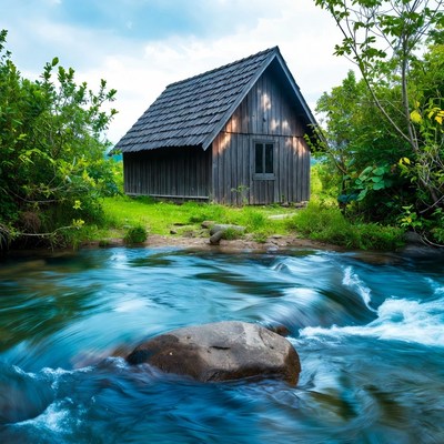 Wooden Cabin by Flowing Stream