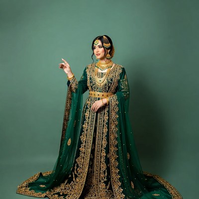 Woman in Green Embroidered Kaftan Pointing