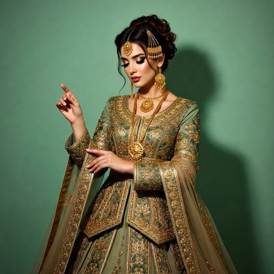 South Asian woman in green embroidered saree