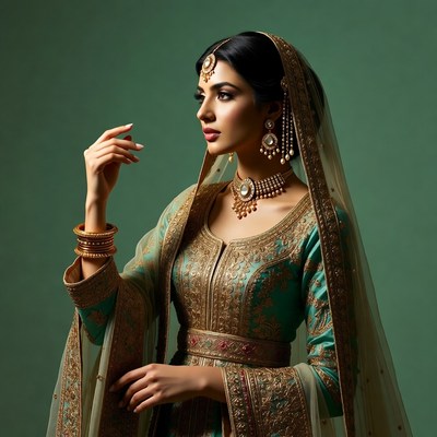 Indian woman in green embroidered saree