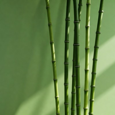 Green bamboo stalks against wall