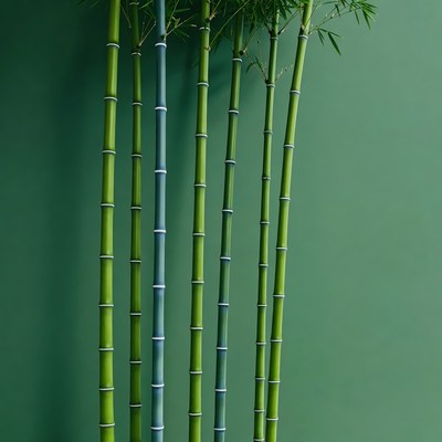 Tall Bamboo Stalks Against Green Wall