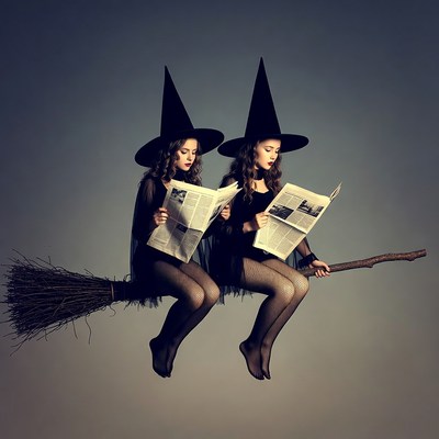 Twin witches reading newspapers on broomstick