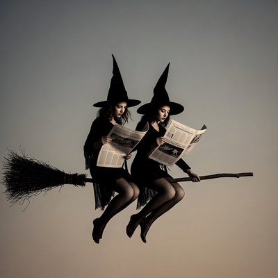 Twin witches reading newspaper on broom
