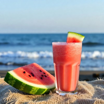 Watermelon slice and smoothie beach