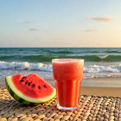 Watermelon slice and juice on beach
