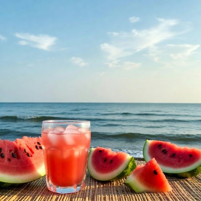 Watermelon Juice Glass Beach Sunset