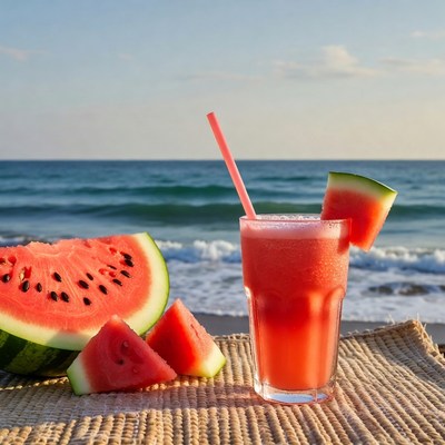 Watermelon Slices and Smoothie on Beach