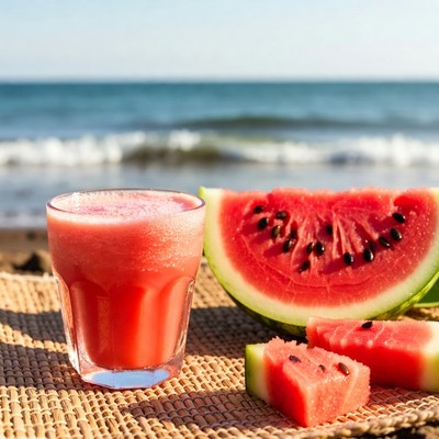 Watermelon Juice and Slices on Beach