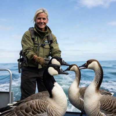 Blonde woman with Canada geese