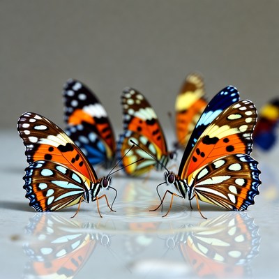 Colorful Butterflies on Reflective Surface