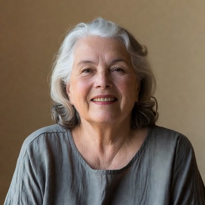 Elderly woman smiling with silver hair