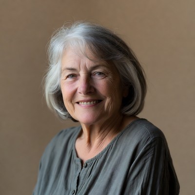 Smiling elderly woman with silver hair