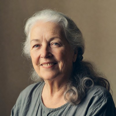 Elderly woman smiling with silver hair
