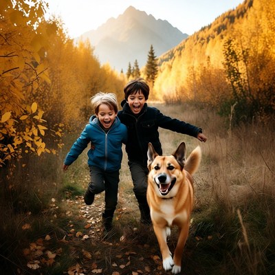 Two boys running with dog in autumn mountains