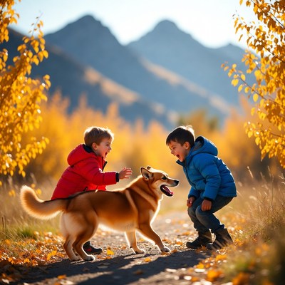 Boys playing with Shiba Inu in autumn mountains