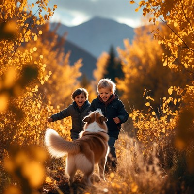 Boys playing with dog in autumn mountains