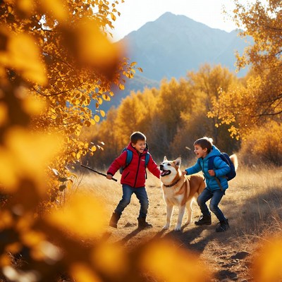 Boy and girl with dog in autumn mountains