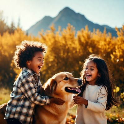 Boy and Girl Hugging Golden Retriever