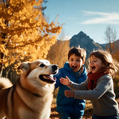 Boy and Girl Playing with Samoyed in Autumn Forest
