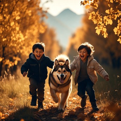 Boys running with Alaskan Malamute in autumn forest