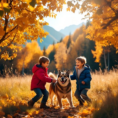 Boys playing with husky in autumn forest