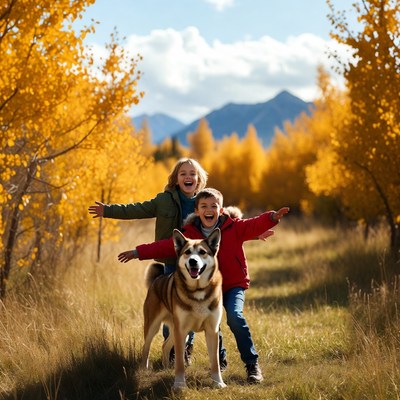 Boy and girl riding husky in autumn forest