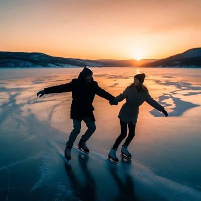 Couple ice skating at sunset