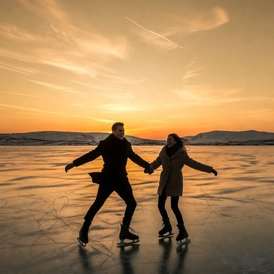 Couple ice skating at sunset