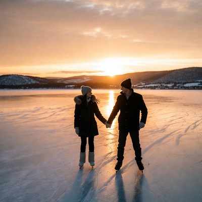 Couple ice skating on frozen lake at sunset