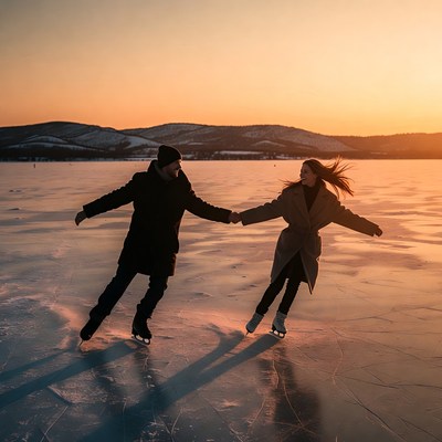 Couple ice skating at sunset