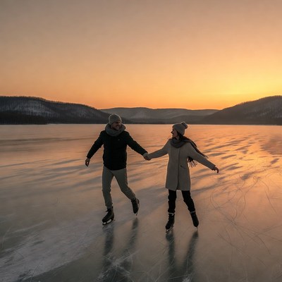 Couple ice skating on frozen lake