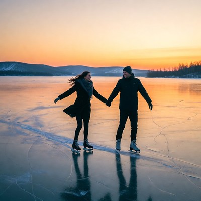 Couple ice skating on frozen lake at sunset