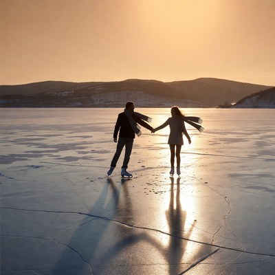 Couple ice skating on frozen lake at sunset