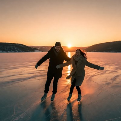 Couple ice skating at sunset