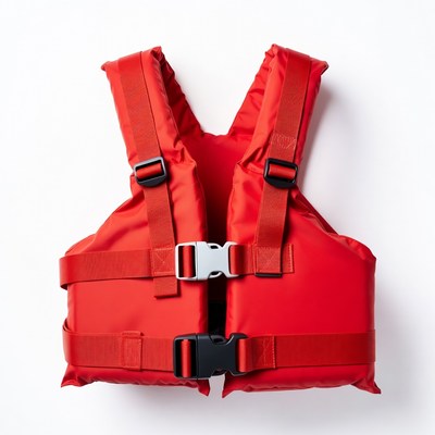 Red life jacket on white background
