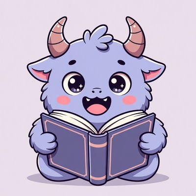 Cute blue demon goat reading book