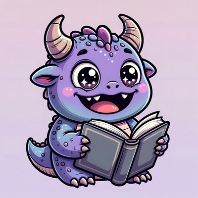 Cute purple dragon reading book