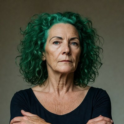 Woman with green curly hair