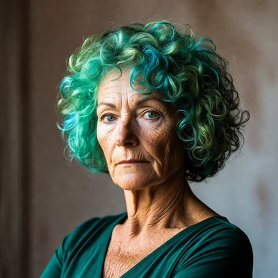 Elderly woman with turquoise curly hair