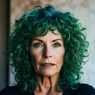 Woman with vibrant green curly hair